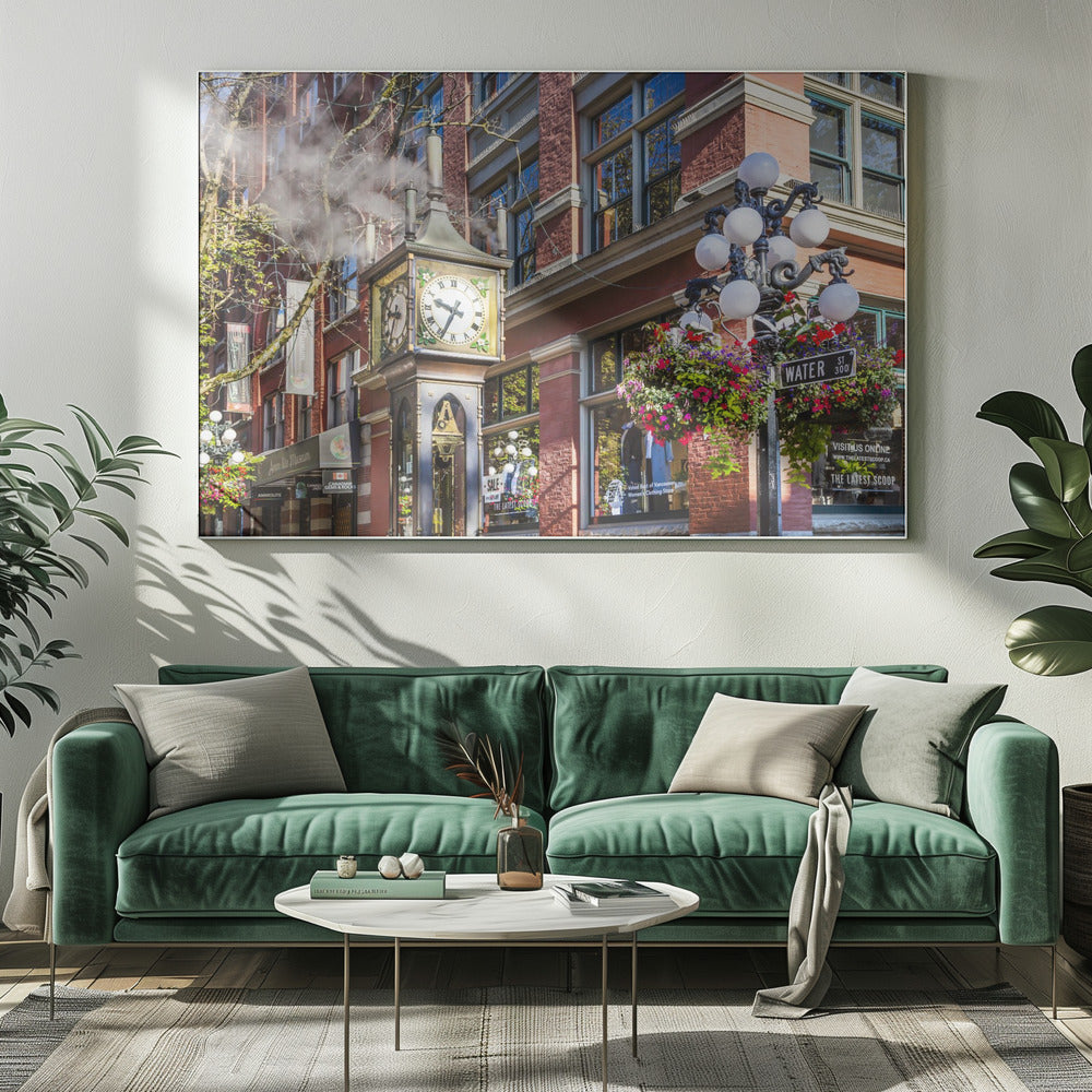 Wall art Historic Gastown Steam Clock in Vancouver-20X16inches-In White Floating Frame