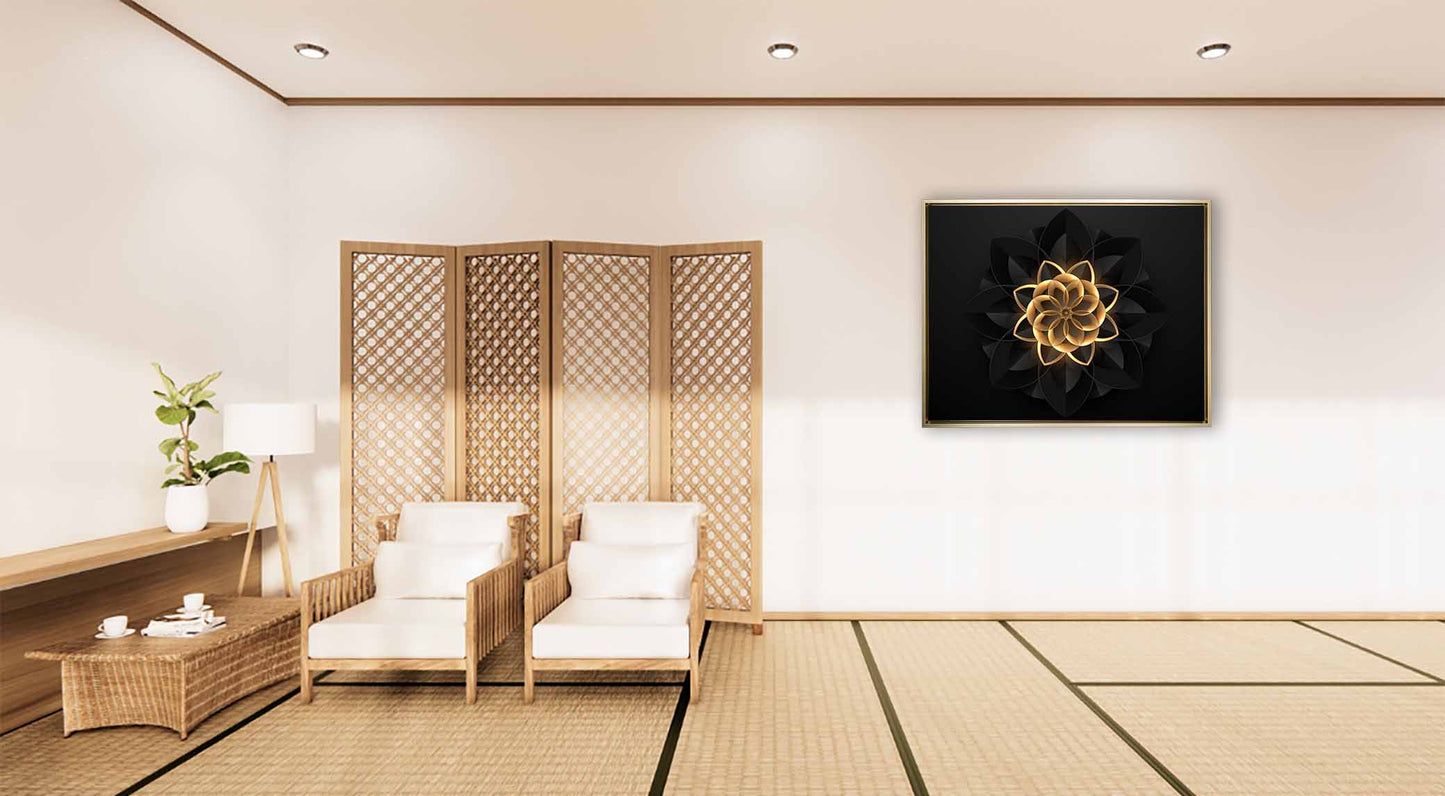 Abstract Flower in Black and Gold- Fine and Modern wall art - Gold varnish
