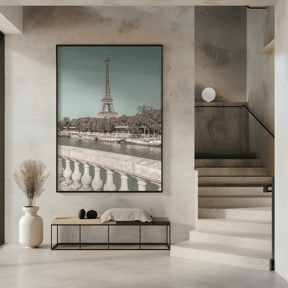 PARIS Eiffel Tower; River Seine Wall Artwork In White Floating Frame
