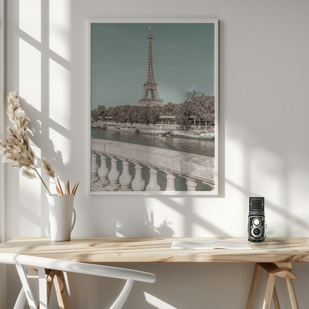 PARIS Eiffel Tower; River Seine Wall Artwork In White Floating Frame