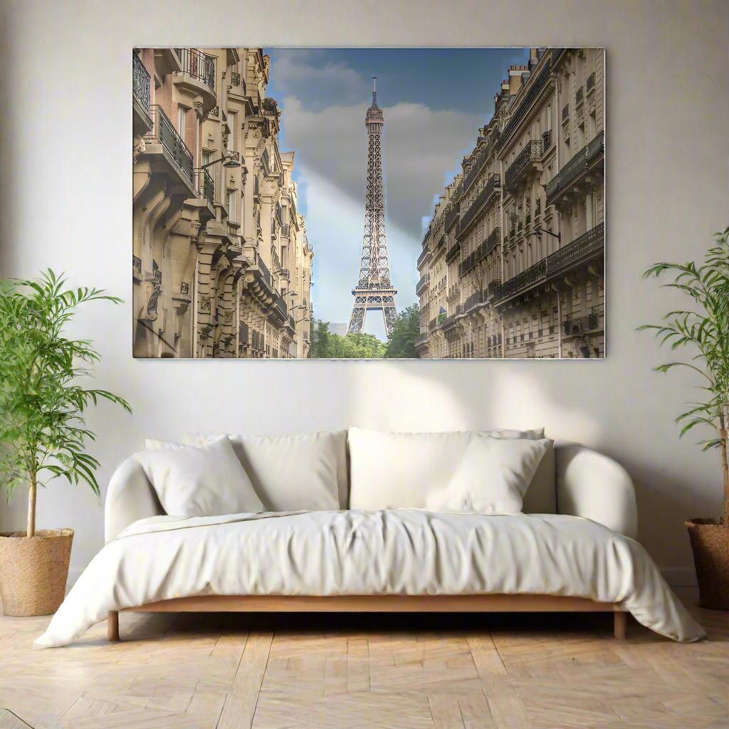 Living room with a large sofa and a wall art of the Eiffel Tower.