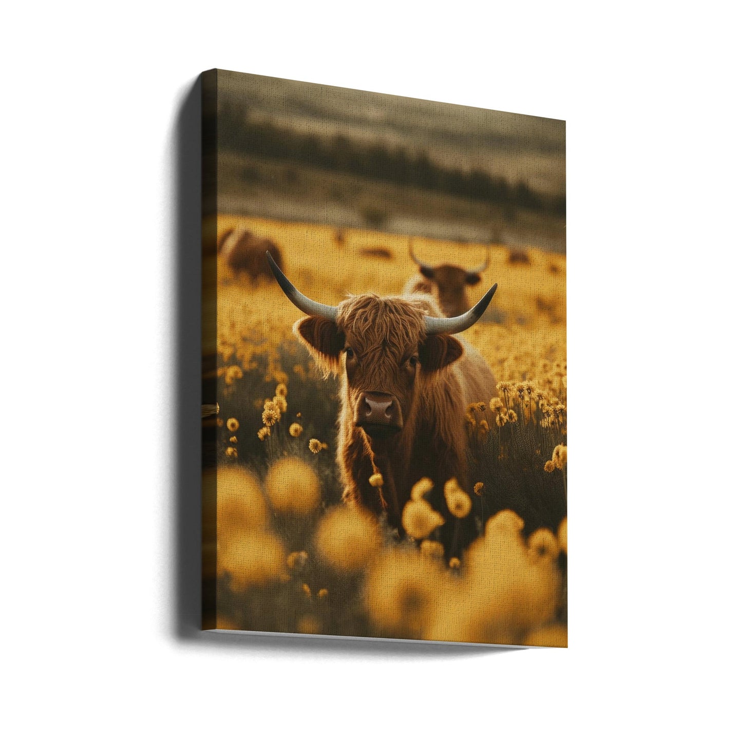 Highland Cows In Flower Field Wall Artwork Gallery Wrapped (Ready to Hang)