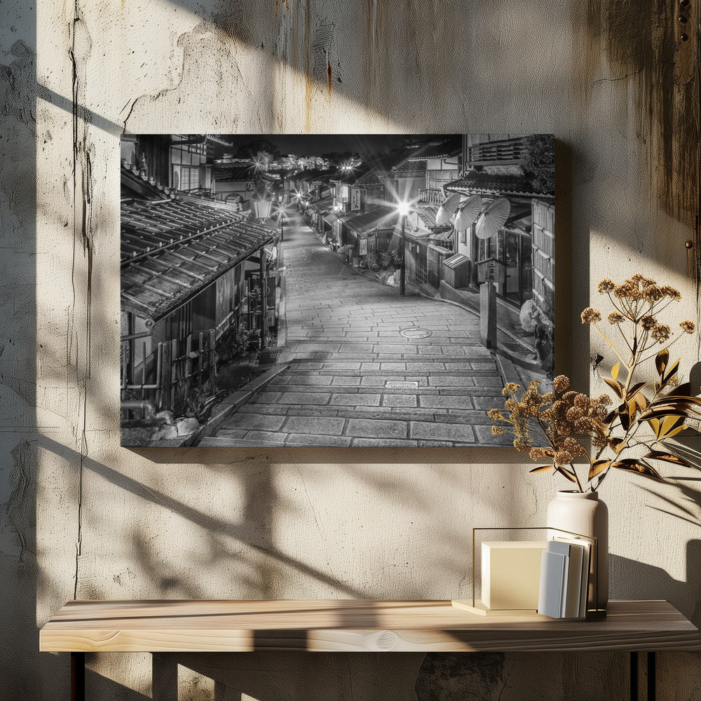 Ninen-zaka in historic Kyoto in the evening - monochrome Wall Artwork In White Floating Frame