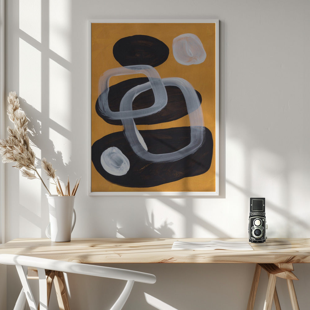 Midcentury Mustard Wall Artwork In White Floating Frame