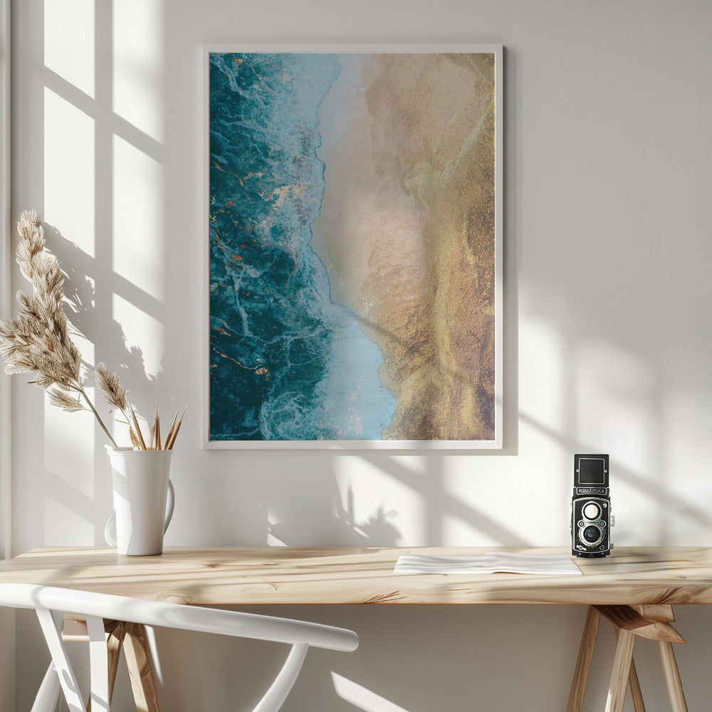 Gold beach Wall Artwork In White Floating Frame