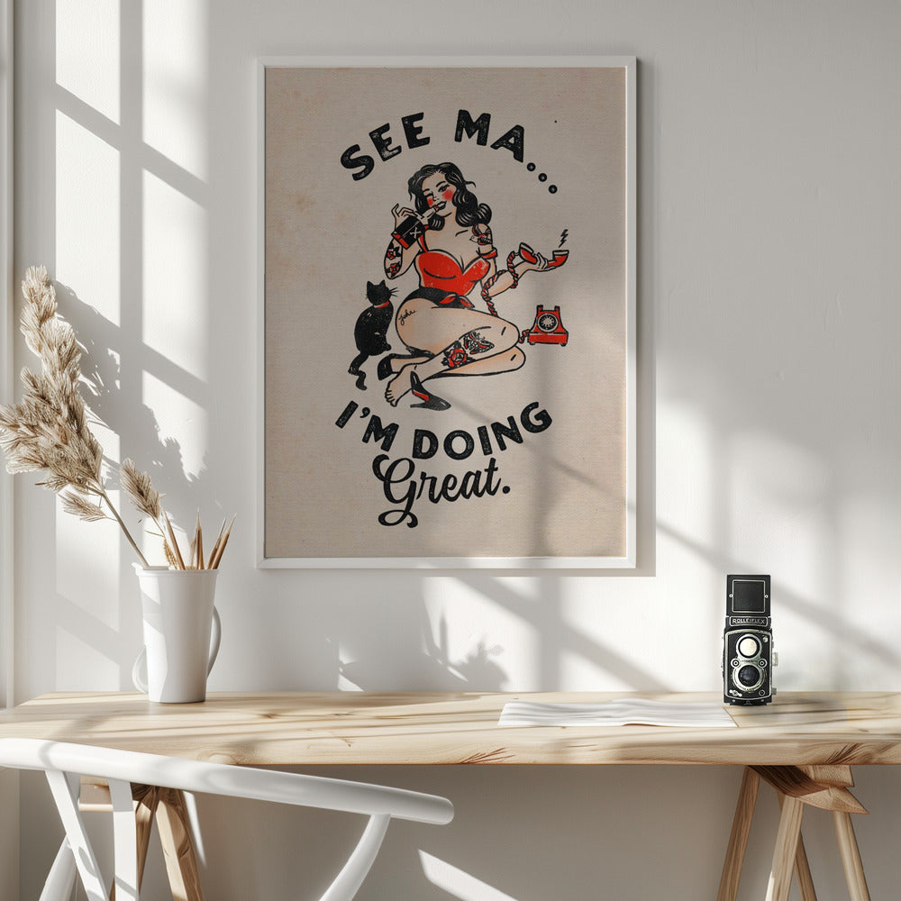 Wall art See Ma Poster Funny Vintage Pinup Girl & Cat