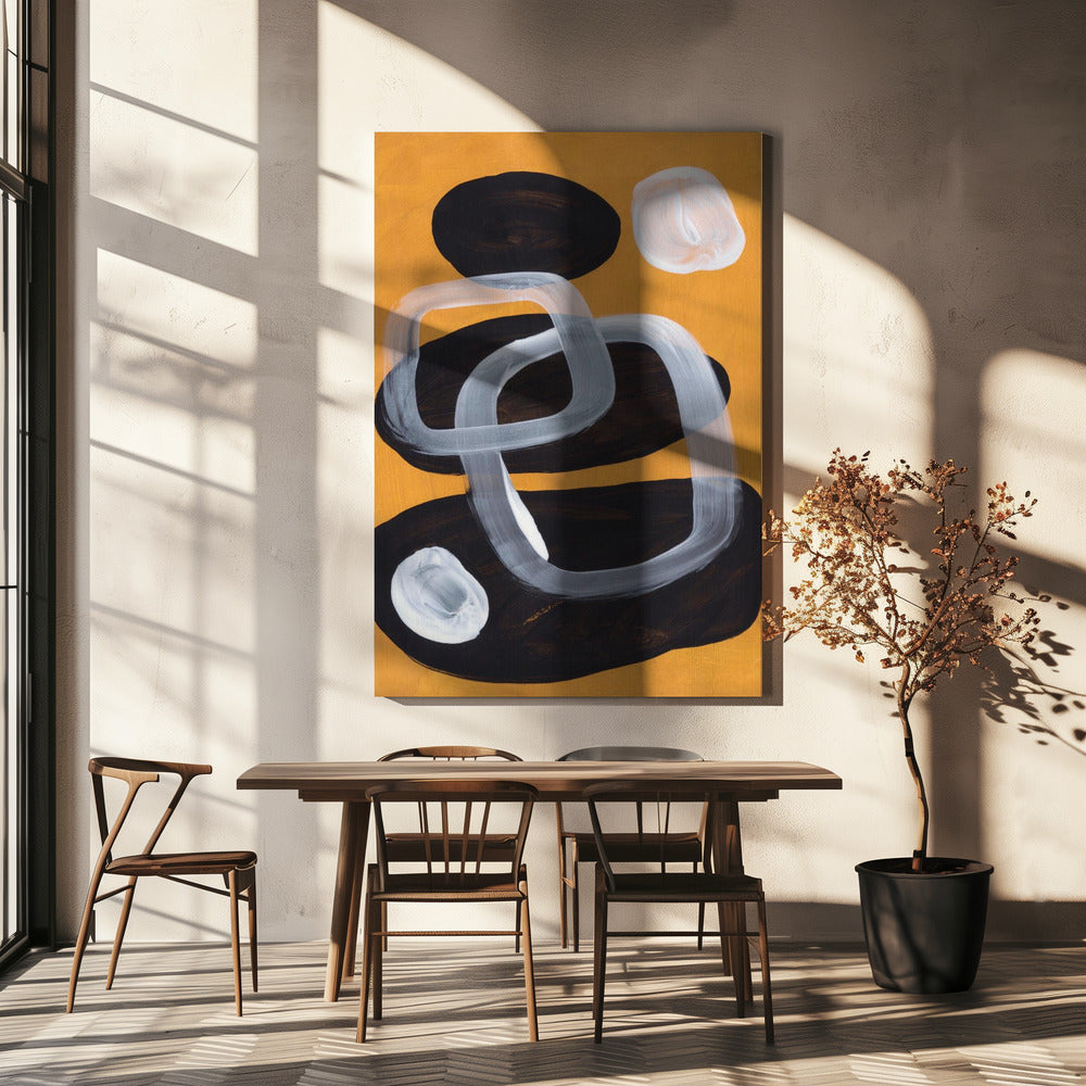 Midcentury Mustard Wall Artwork In White Floating Frame