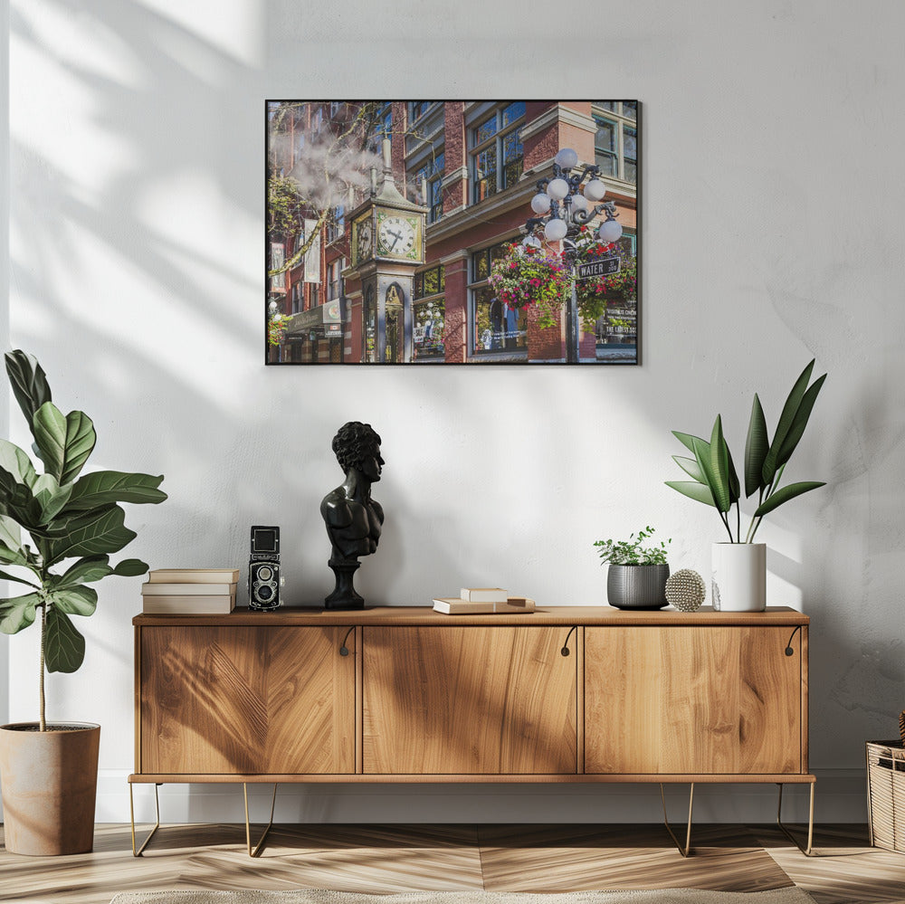 Wall art Historic Gastown Steam Clock in Vancouver-48X36inches-In White Floating Frame