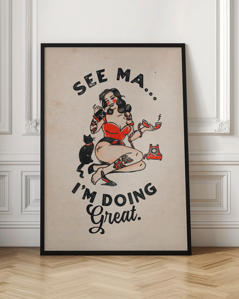 Wall art See Ma Poster Funny Vintage Pinup Girl & Cat