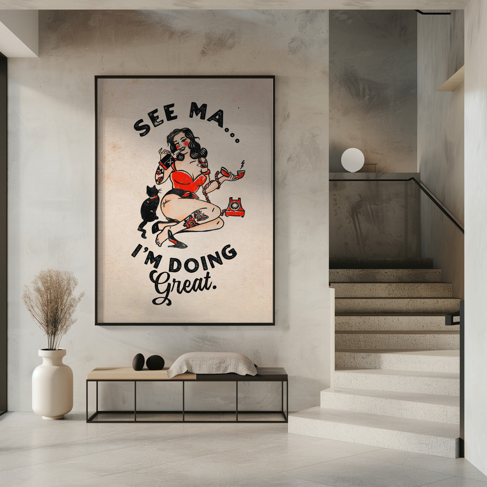 Wall art See Ma Poster Funny Vintage Pinup Girl & Cat