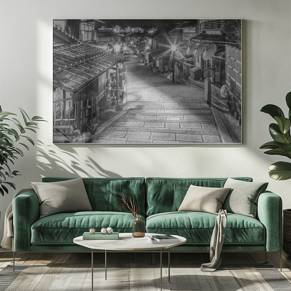 Ninen-zaka in historic Kyoto in the evening - monochrome Wall Artwork 0
