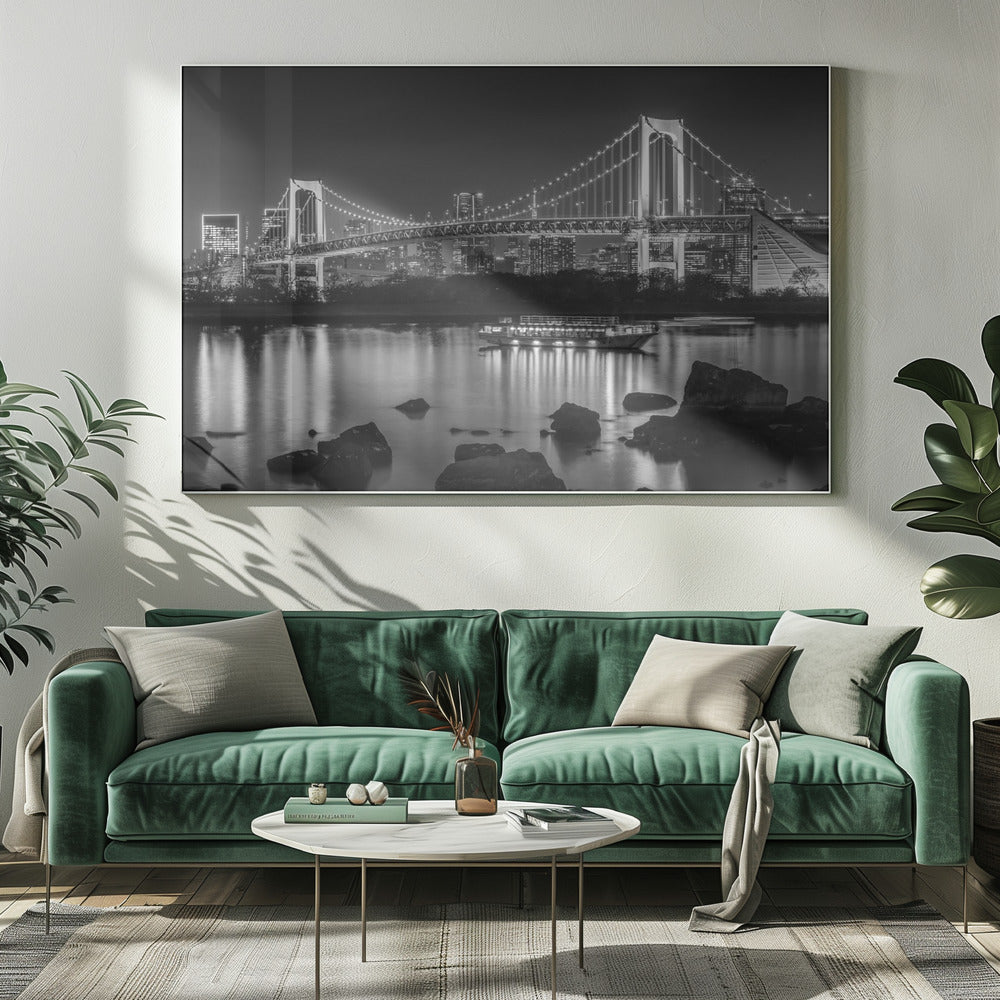 Gorgeous Rainbow Bridge with Tokyo Skyline in the evening - monochrome Wall Artwork 0