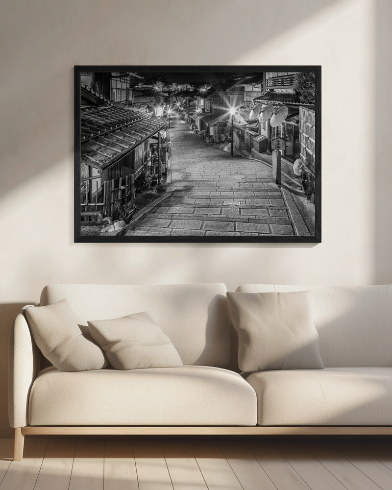 Ninen-zaka in historic Kyoto in the evening - monochrome Wall Artwork 0