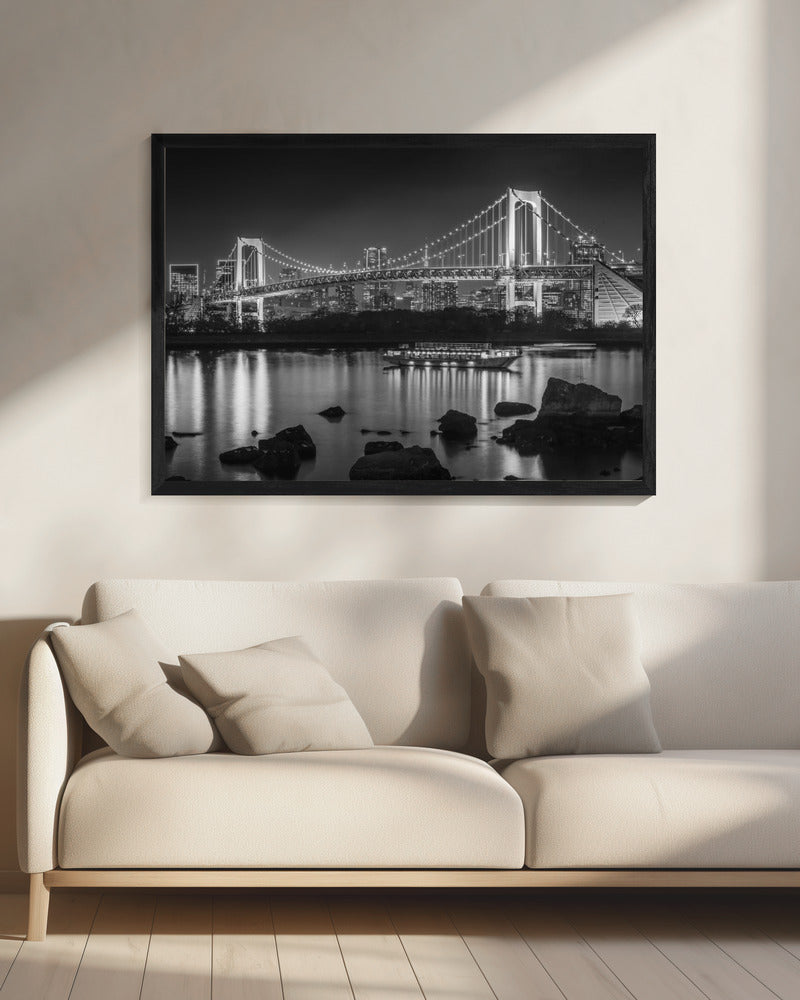 Gorgeous Rainbow Bridge with Tokyo Skyline in the evening - monochrome Wall Artwork 0