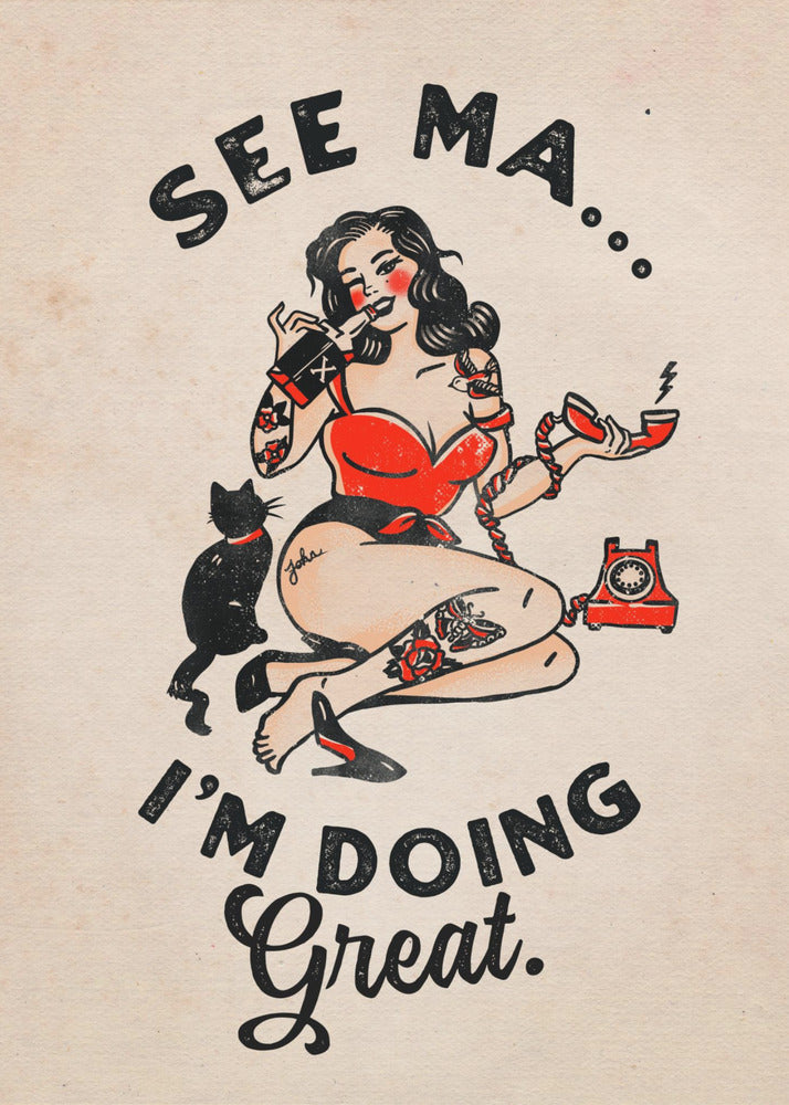 Wall art See Ma Poster Funny Vintage Pinup Girl & Cat