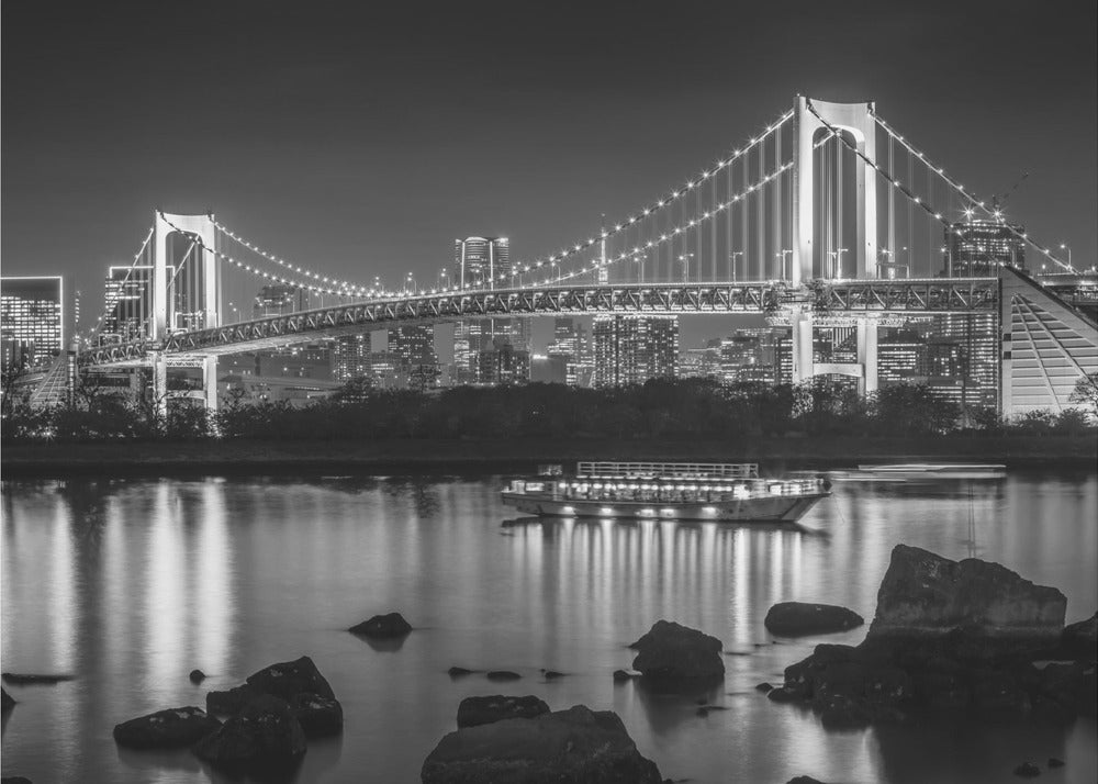 Gorgeous Rainbow Bridge with Tokyo Skyline in the evening - monochrome Wall Artwork In Black Floating Frame