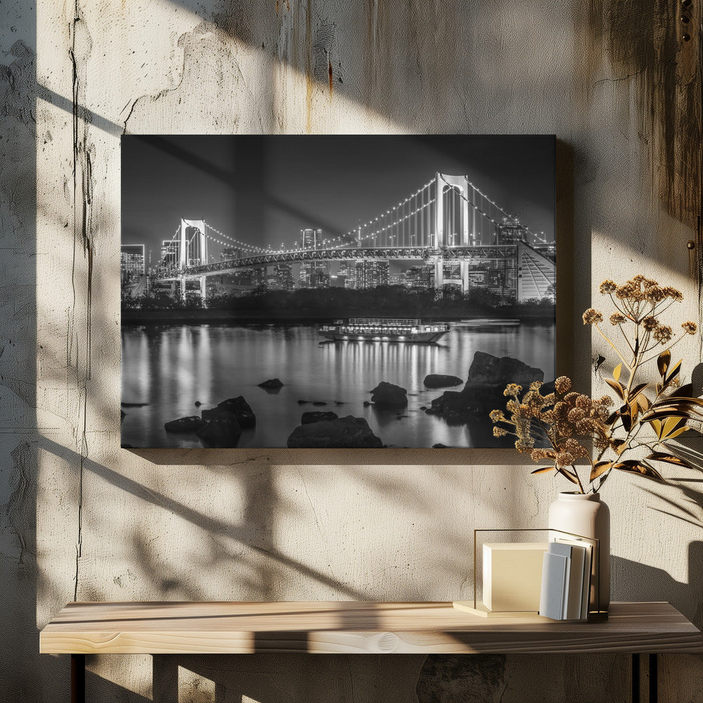 Gorgeous Rainbow Bridge with Tokyo Skyline in the evening - monochrome Wall Artwork In White Floating Frame