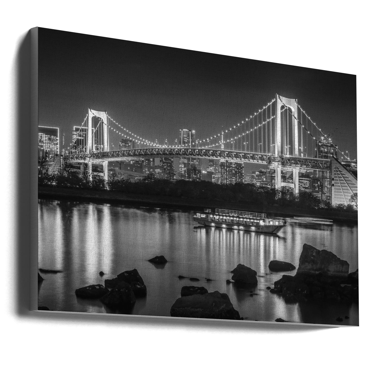 Gorgeous Rainbow Bridge with Tokyo Skyline in the evening - monochrome Wall Artwork Gallery Wrapped (Ready to Hang)