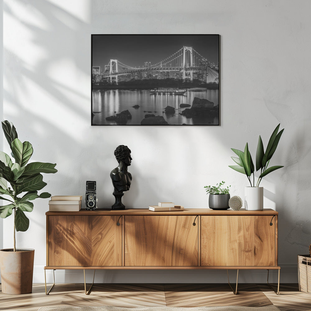 Gorgeous Rainbow Bridge with Tokyo Skyline in the evening - monochrome Wall Artwork In White Floating Frame