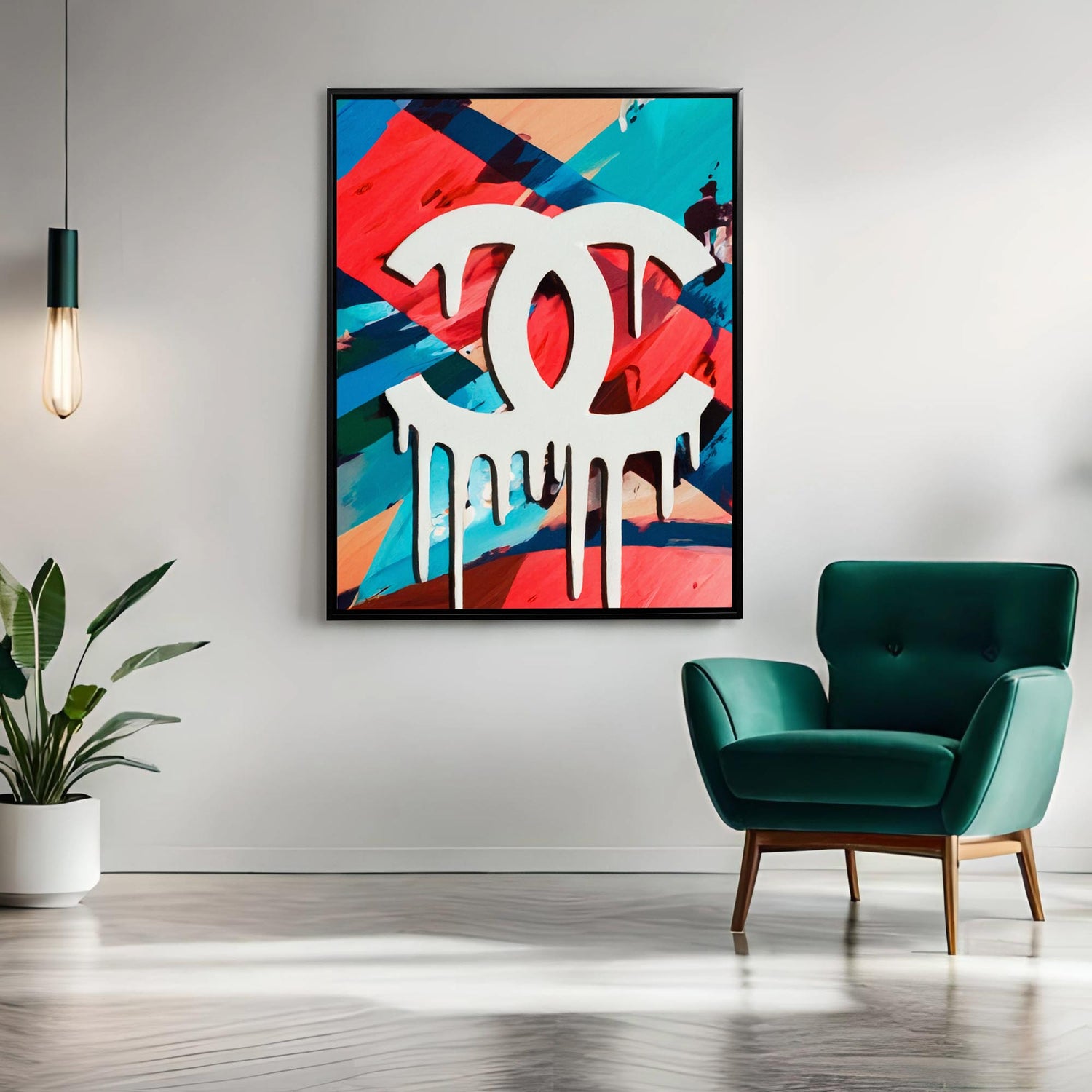 A Canvas of Pop art and brands near to a green chair