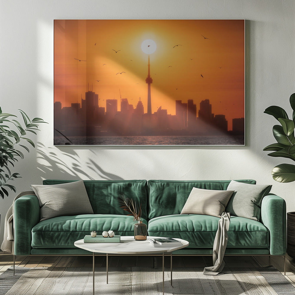 Sun Rising Behind Toronto-Wall Art In White Floating Frame-20X16inches