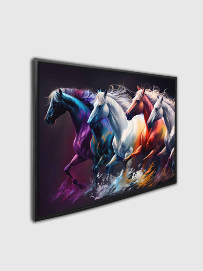 Wall Decor 4 digital painted horses with black frames, sideview