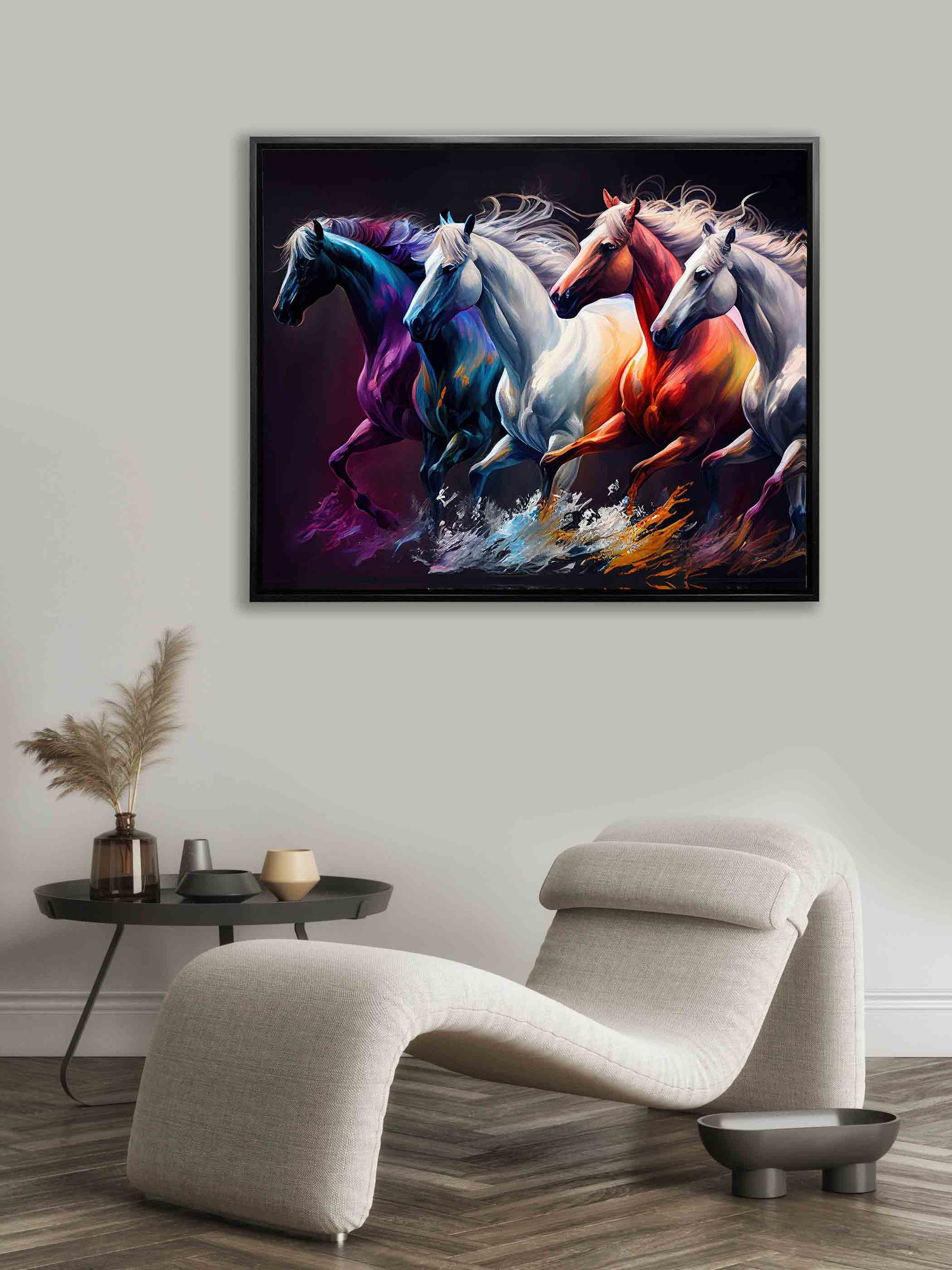 Art sample wall decoration - 4 digitally painted horses with black frame