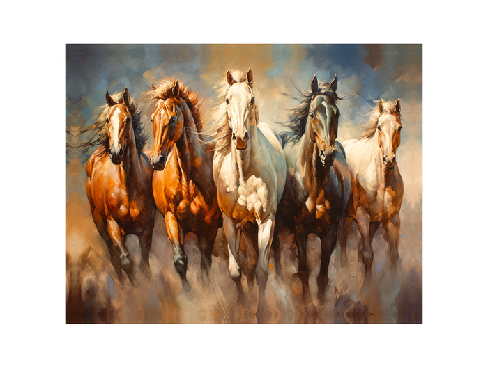 Animal Print Canvas-Five Horses- Nature Artwork -Gold Varnish