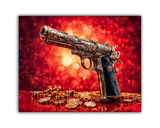 Wall art-gun & money canvas printed-pop art. The image shows a gun with a red and gold background and gold coins on the ground.