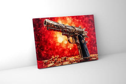 Wall Art - Gun & Money Canvas Printed Pop Art. The image shows a printed portrait leaning against the wall, the print shows a gun with a red and gold background and gold coins on the floor.