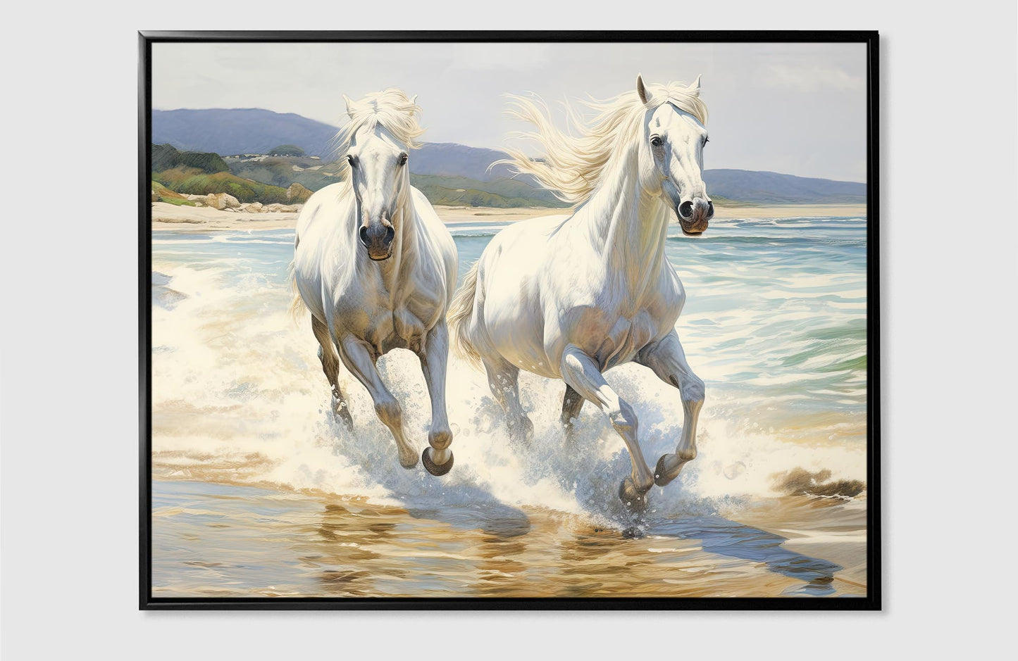 2 White Stallions 48" x 36" Fine Art Canvas