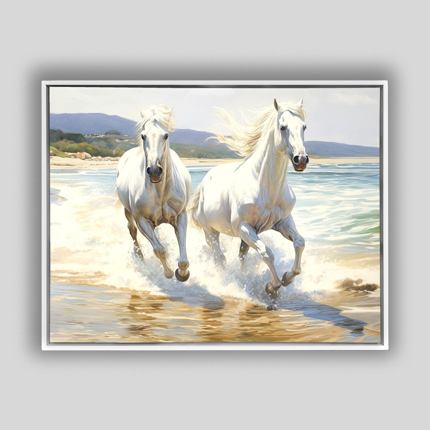 2 White Stallions 48" x 36" Fine Art Canvas