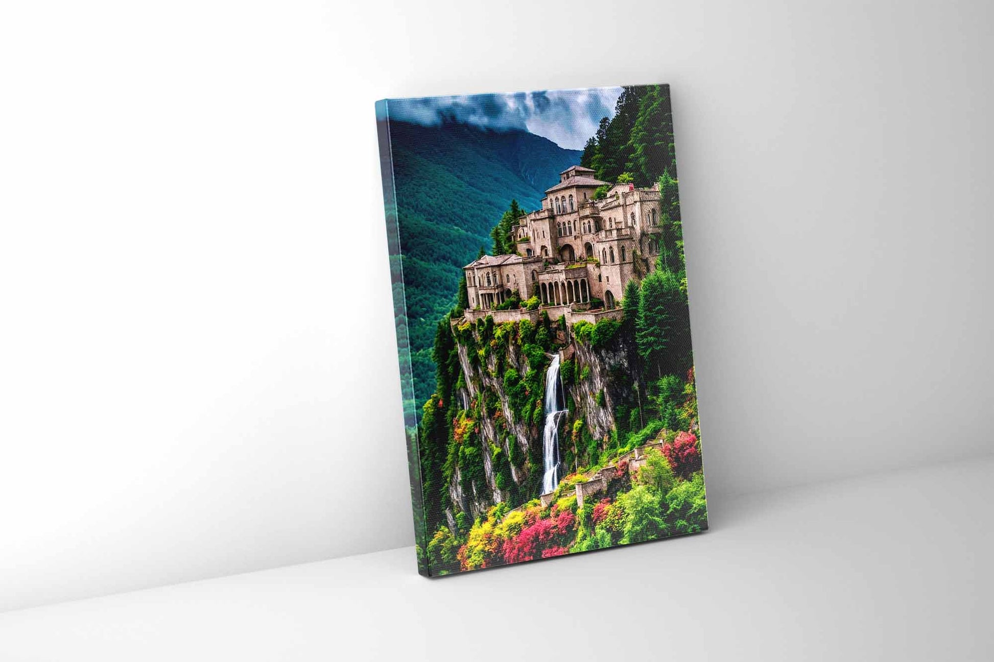 Fine Art Canvas Print with out frame. "Living Dream" the image shows an imposing castle on the edge of a cliff, also below the castle there is a waterfall and surrounding trees that contrast with the incredible view.