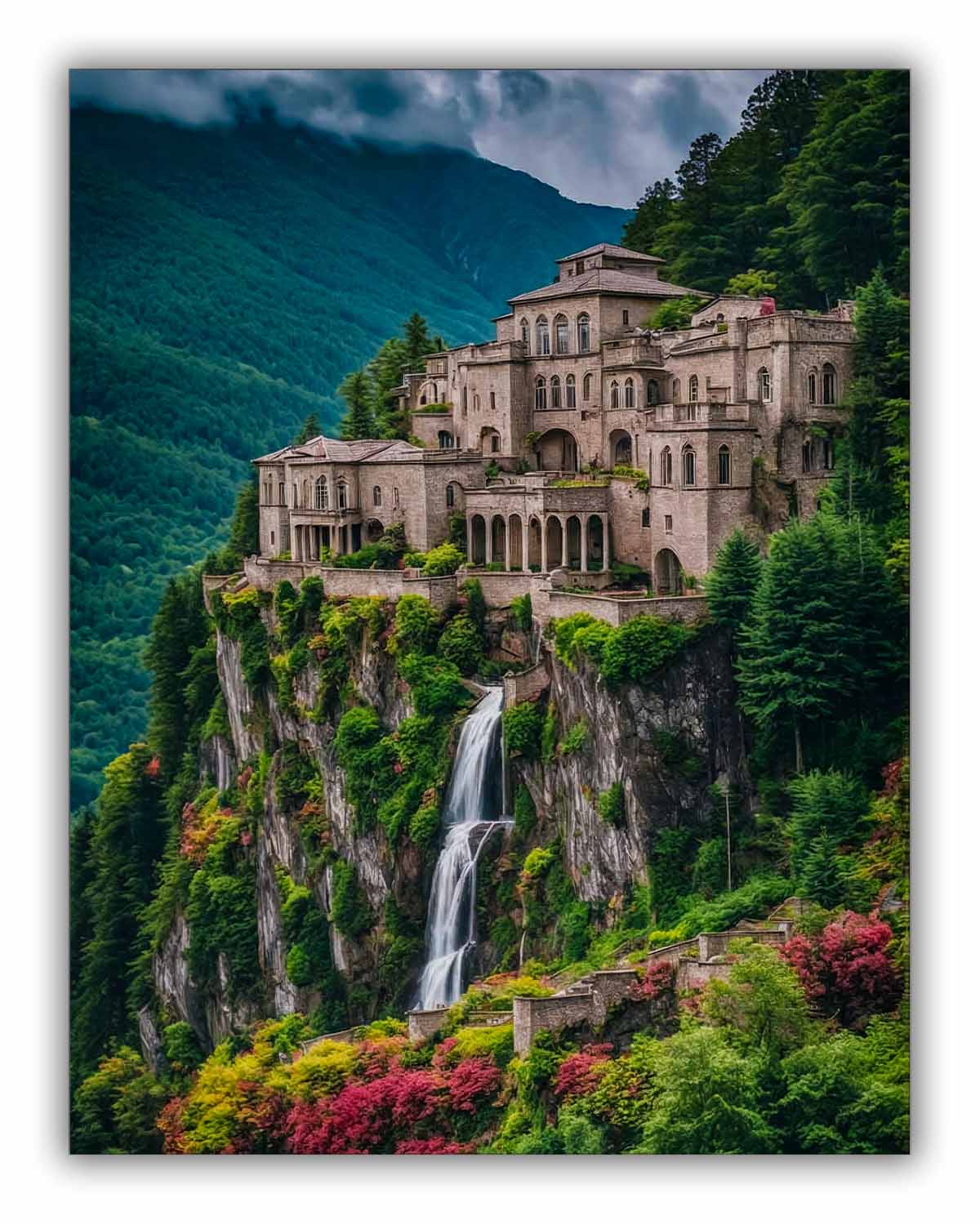 Fine Art Canvas Print, front view. "Living Dream" the image shows an imposing castle on the edge of a cliff, also below the castle there is a waterfall and surrounding trees that contrast with the incredible view.