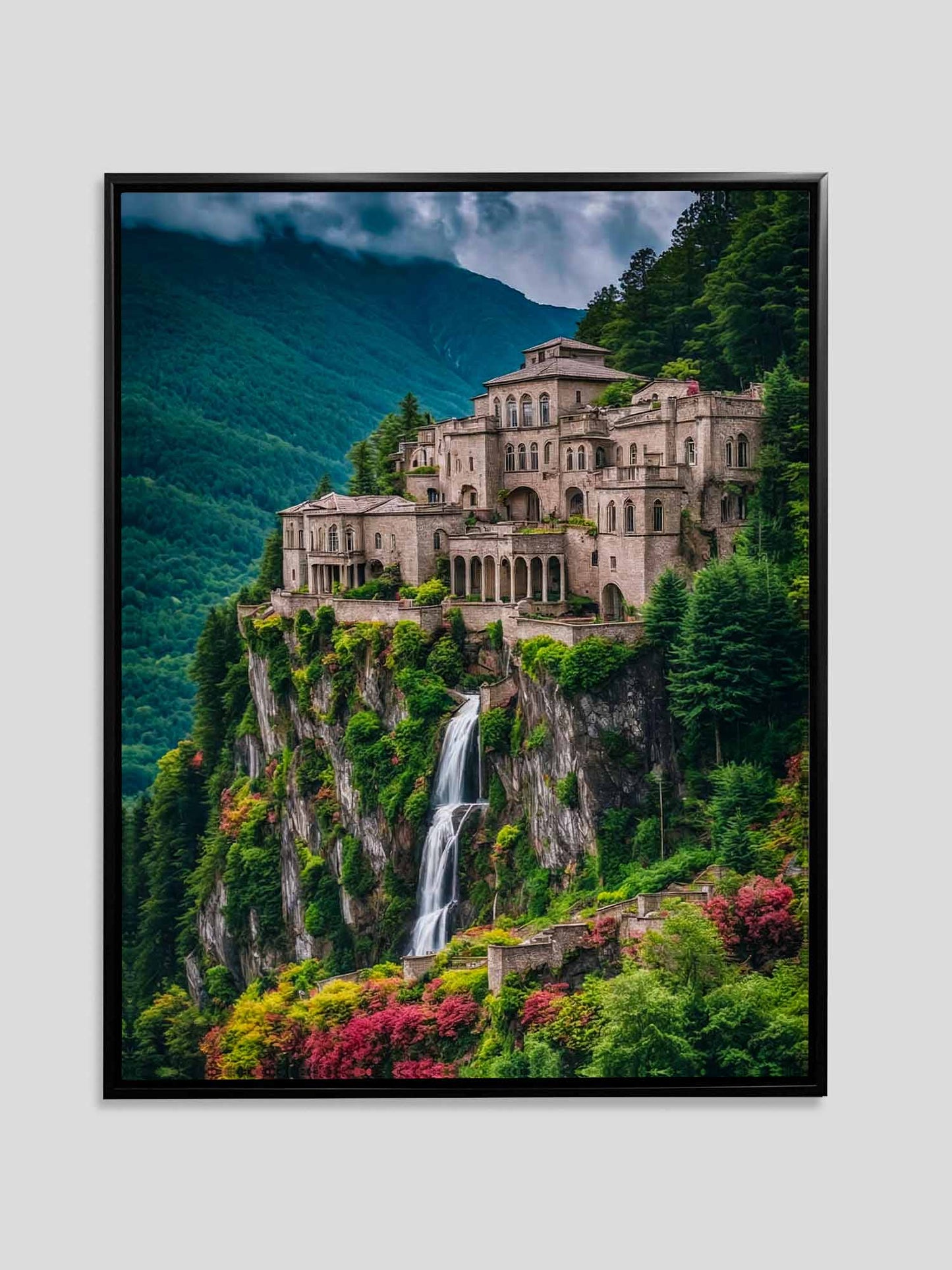 Fine Art Canvas Print with  Black floating frame. "Living Dream" the image shows an imposing castle on the edge of a cliff, also below the castle there is a waterfall and surrounding trees that contrast with the incredible view.