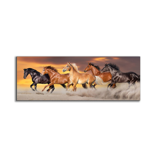 Team of Five Horses- Wildlife Canvas Art - Gold varnish