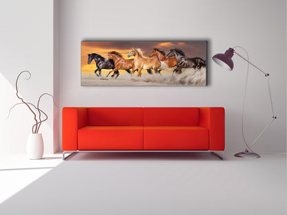 Team of Five Horses- Wildlife Canvas Art - Gold varnish