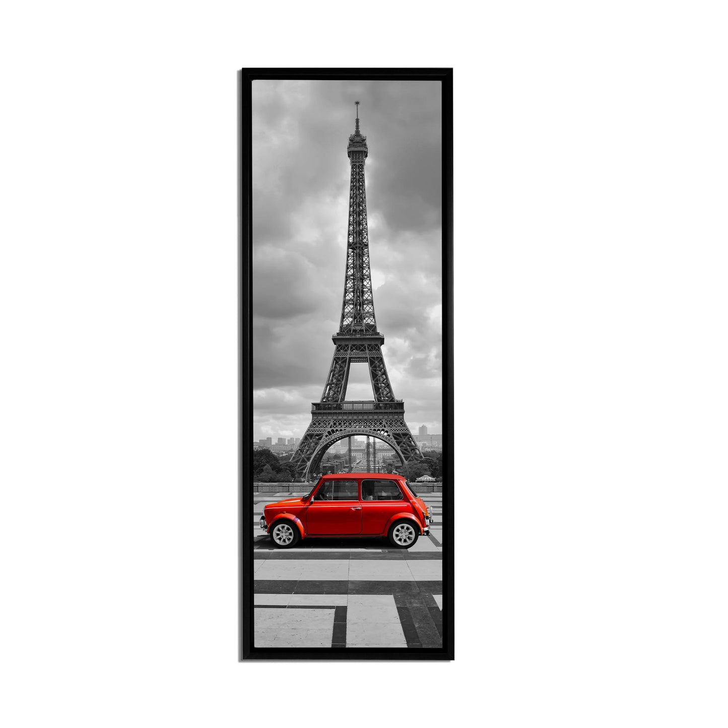 Eiffel Tower in Black & White with Red Car in Foreground 24" x 72" Fine Art Canvas