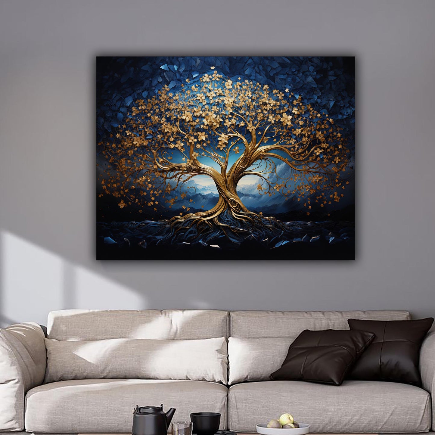 Sample of unframed spiritual tree of life wall art placed on a sofa - T