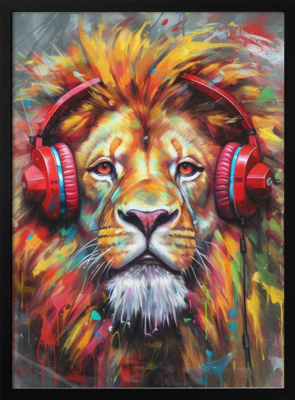 Sample Lion With Headphon-lion artwork in  black floating frame 