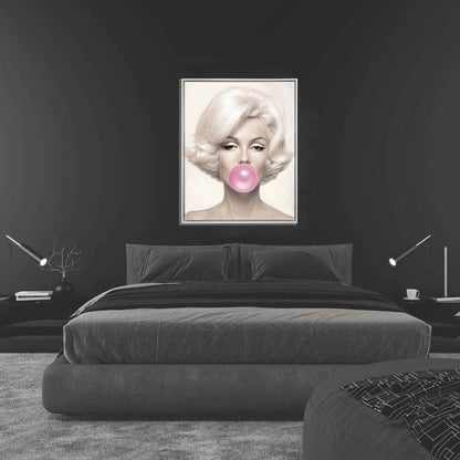 Marilyn in pink in floating frame over bed