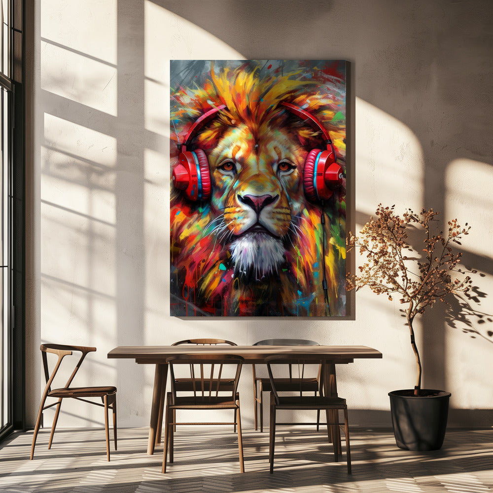 Sample Lion With Headphon-lion artwork gallery wrap in dinning room