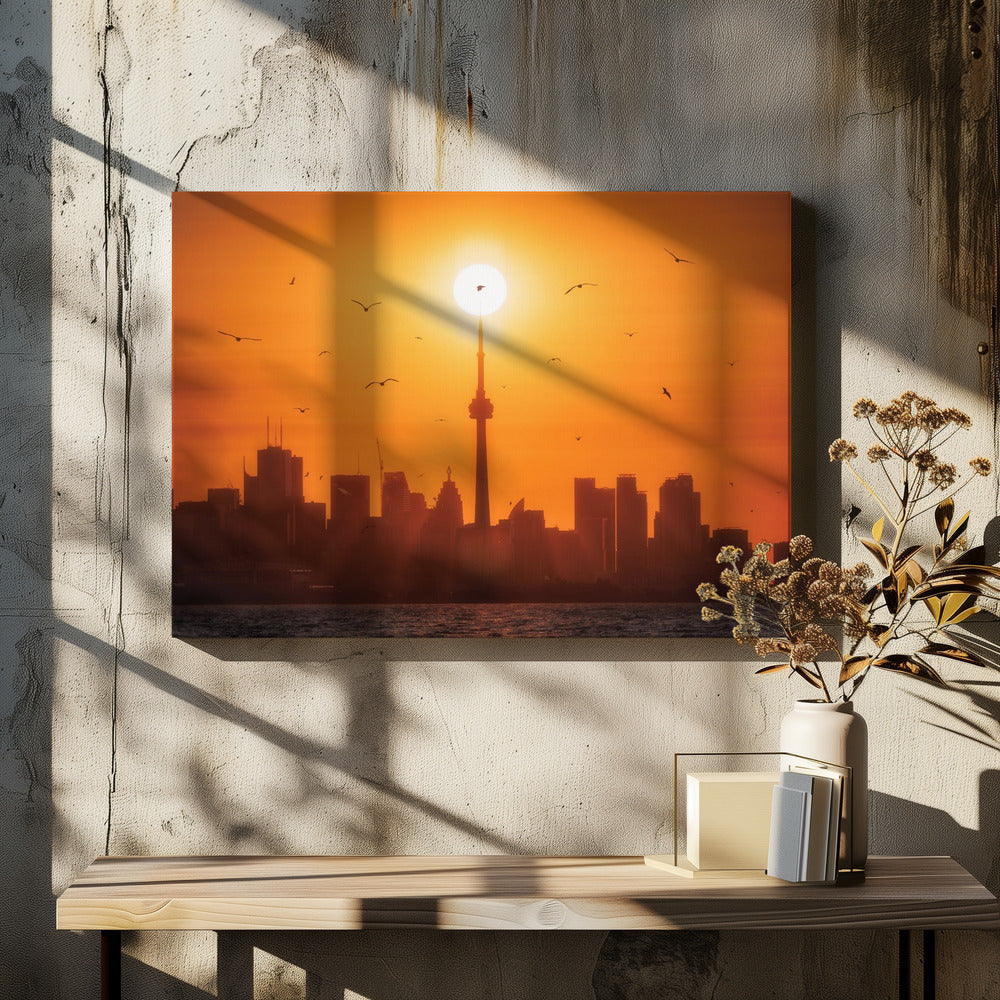 Sun Rising Behind Toronto-Wall Art In Black Floating Frame-48X36inches