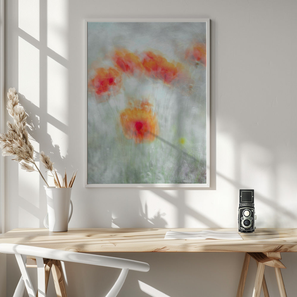  Red Corn Flowers Wall Artwork In White Floating Frame