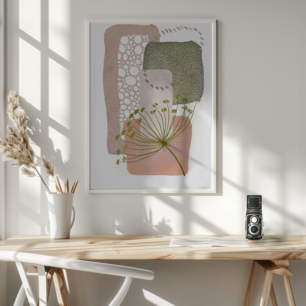  Delicate Pink and Green-2 Wall Artwork In White Floating Frame