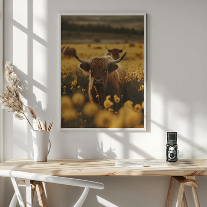  Highland Cows In Flower Field Wall Artwork In White Floating Frame