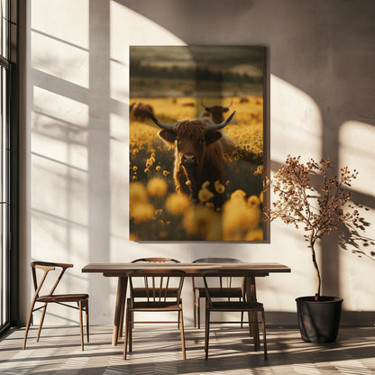  Highland Cows In Flower Field Wall Artwork In White Floating Frame