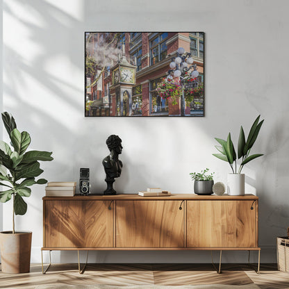 Wall art Historic Gastown Steam Clock in Vancouver-48X36inches-In White Floating Frame