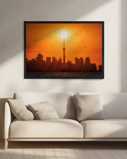 Sun Rising Behind Toronto-Wall Art In Black Floating Frame-20X16inches