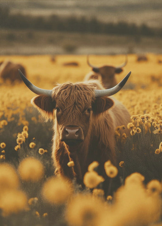  Highland Cows In Flower Field Wall Artwork Gallery Wrapped (Ready to Hang)